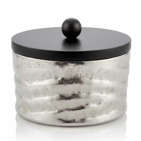 Luhpar Silver Wave Textured Aluminum Round Storage Box With Black Wooden Lid - 14×8 cm - 75006-A - Al Kabayel Discount CentreLuhpar Silver Wave Textured Aluminum Round Storage Box With Black Wooden Lid - 14×8 cm - 75006-AJars & Food SaversLUHPARAl Kabayel Discount Centre