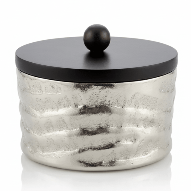 Luhpar Silver Wave Textured Aluminum Round Storage Box With Black Wooden Lid - 14×8 cm - 75006-A - Al Kabayel Discount CentreLuhpar Silver Wave Textured Aluminum Round Storage Box With Black Wooden Lid - 14×8 cm - 75006-AJars & Food SaversLUHPARAl Kabayel Discount Centre