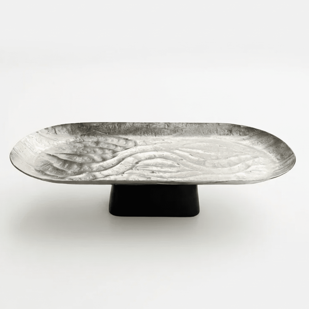 Luhpar Wave Textured Aluminium Oval Pedestal Dish with Black Wooden Base - 50×18×13cm - 74894-B - Al Kabayel Discount CentreLuhpar Wave Textured Aluminium Oval Pedestal Dish with Black Wooden Base - 50×18×13cm - 74894-BServing TraysLUHPARAl Kabayel Discount Centre