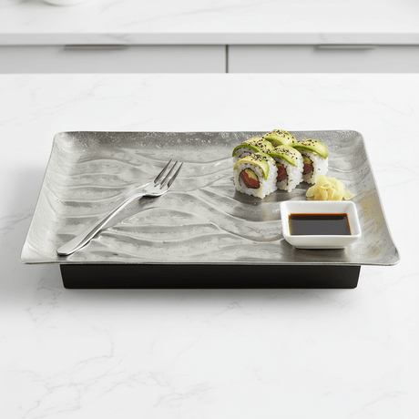 Luhpar Wave Textured Aluminum Rectangular Serving Platter with Wooden Base - 36×26×6 cm - 74896-B - Al Kabayel Discount CentreLuhpar Wave Textured Aluminum Rectangular Serving Platter with Wooden Base - 36×26×6 cm - 74896-BServing TraysLUHPARAl Kabayel Discount Centre