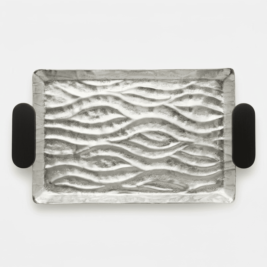 Luhpar Wave Textured Aluminum Rectangular Serving Tray with Black Wooden Handles - 40×26 cm - 74893-A - Al Kabayel Discount CentreLuhpar Wave Textured Aluminum Rectangular Serving Tray with Black Wooden Handles - 40×26 cm - 74893-AServing TraysLUHPARAl Kabayel Discount Centre