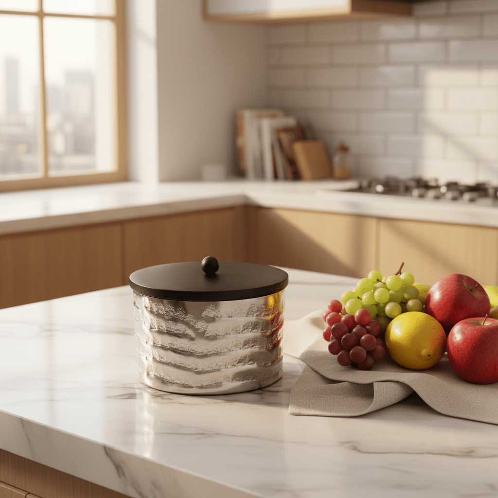 Luhpar Wave Textured Aluminum Round Storage Box with Black Wooden Lid - 10×17cm - Al Kabayel Discount CentreLuhpar Wave Textured Aluminum Round Storage Box with Black Wooden Lid - 10×17cmJars & Food SaversLUHPARAl Kabayel Discount Centre