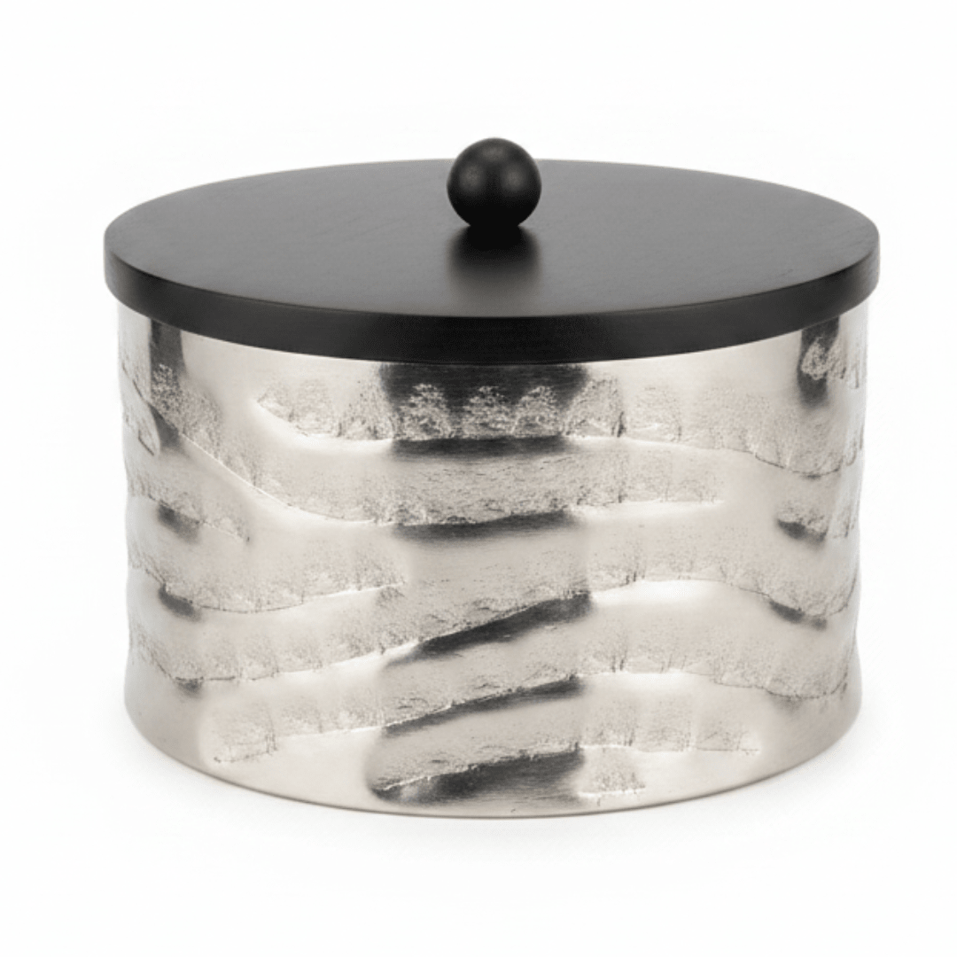 Luhpar Wave Textured Aluminum Round Storage Box with Black Wooden Lid - 10×17cm - Al Kabayel Discount CentreLuhpar Wave Textured Aluminum Round Storage Box with Black Wooden Lid - 10×17cmJars & Food SaversLUHPARAl Kabayel Discount Centre