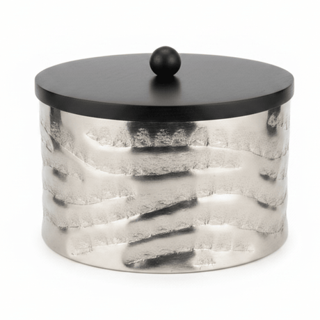 Luhpar Wave Textured Aluminum Round Storage Box with Black Wooden Lid - 10×17cm - Al Kabayel Discount CentreLuhpar Wave Textured Aluminum Round Storage Box with Black Wooden Lid - 10×17cmJars & Food SaversLUHPARAl Kabayel Discount Centre