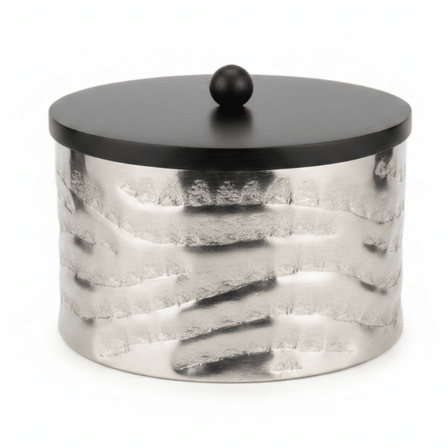 Luhpar Wave Textured Aluminum Round Storage Box with Black Wooden Lid - 10×17cm - Al Kabayel Discount CentreLuhpar Wave Textured Aluminum Round Storage Box with Black Wooden Lid - 10×17cmJars & Food SaversLUHPARAl Kabayel Discount Centre
