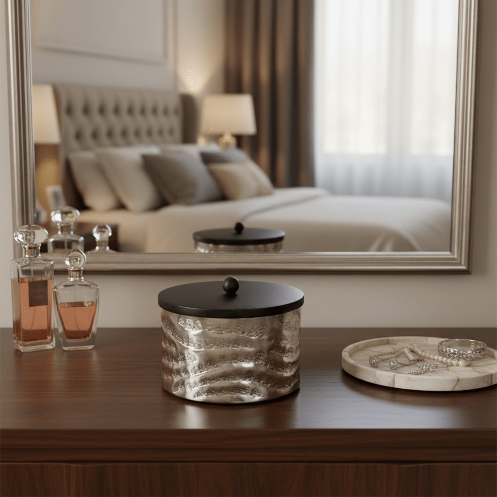 Luhpar Wave Textured Aluminum Round Storage Box with Black Wooden Lid - 10×17cm - Al Kabayel Discount CentreLuhpar Wave Textured Aluminum Round Storage Box with Black Wooden Lid - 10×17cmJars & Food SaversLUHPARAl Kabayel Discount Centre