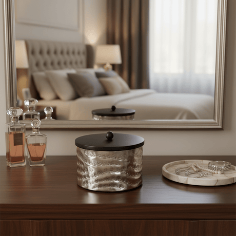Luhpar Wave Textured Aluminum Round Storage Box with Black Wooden Lid - 10×17cm - Al Kabayel Discount CentreLuhpar Wave Textured Aluminum Round Storage Box with Black Wooden Lid - 10×17cmJars & Food SaversLUHPARAl Kabayel Discount Centre