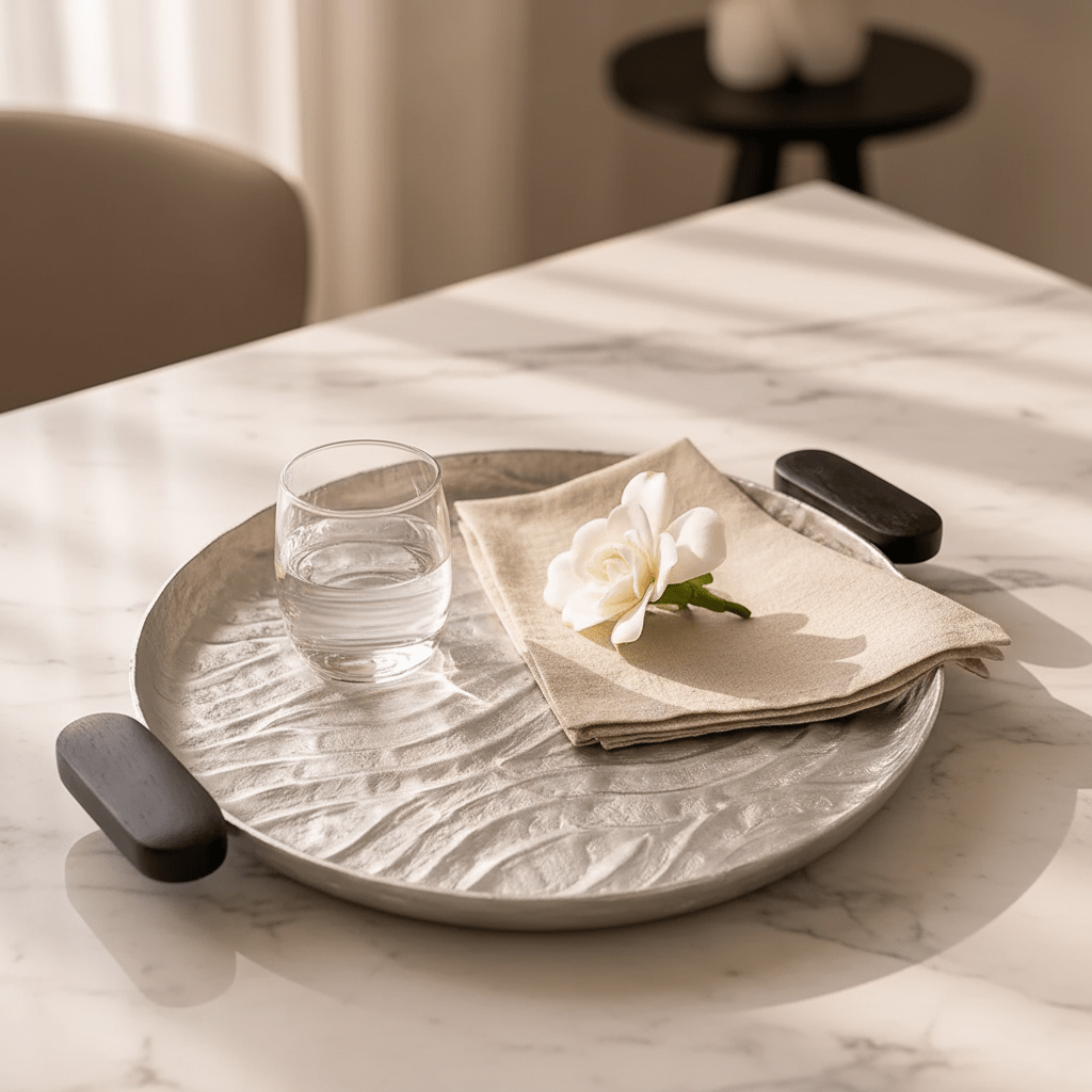 Luhpar Wave Textured Aluminum Round Tray with Black Wooden Handles - 25cm - 74895-A - Al Kabayel Discount CentreLuhpar Wave Textured Aluminum Round Tray with Black Wooden Handles - 25cm - 74895-AServing TraysLUHPARAl Kabayel Discount Centre