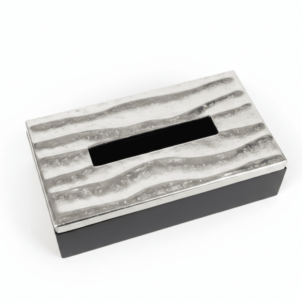 Luhpar Wave Textured Aluminum Tissue Box with Wooden Base - 23×13×7 cm - Al Kabayel Discount CentreLuhpar Wave Textured Aluminum Tissue Box with Wooden Base - 23×13×7 cmNapkin Holders & Tissue BoxLUHPARAl Kabayel Discount Centre