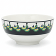 "White ceramic bowl with traditional Middle Eastern geometric pattern in green, yellow and black - premium tableware"