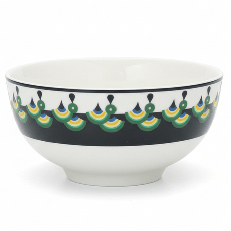"White ceramic bowl with traditional Middle Eastern geometric pattern in green, yellow and black - premium tableware"