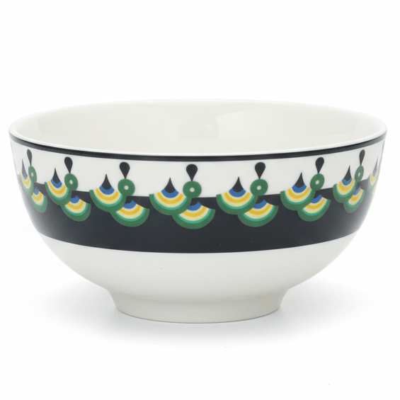 "White ceramic bowl with traditional Middle Eastern geometric pattern in green, yellow and black - premium tableware"
