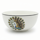 "Elegant white ceramic bowl with decorative peacock design in gold and green - premium tableware"