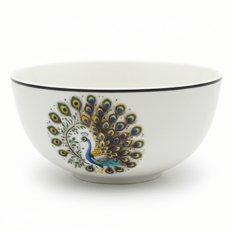 "Elegant white ceramic bowl with decorative peacock design in gold and green - premium tableware"