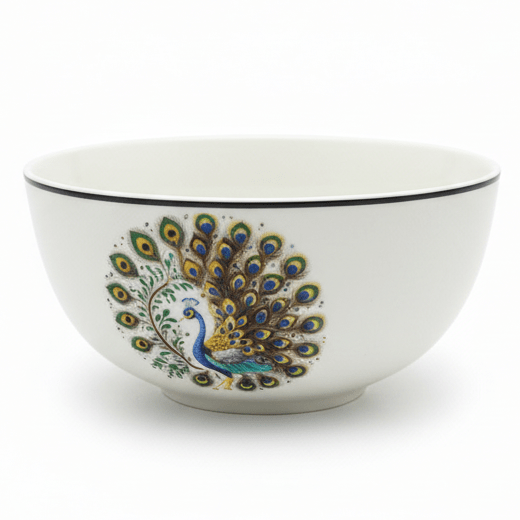 "Elegant white ceramic bowl with decorative peacock design in gold and green - premium tableware"