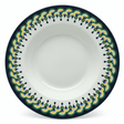 "Decorative ceramic plate with ornate green, yellow, and black geometric border pattern on white background - premium tableware"