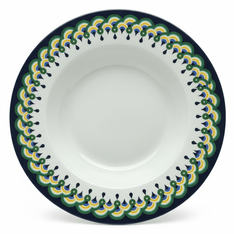 "Decorative ceramic plate with ornate green, yellow, and black geometric border pattern on white background - premium tableware"