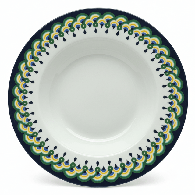 "Decorative ceramic plate with ornate green, yellow, and black geometric border pattern on white background - premium tableware"