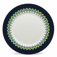 Alt text: "Elegant decorative plate with navy blue rim and geometric yellow teal ornamental border on white background"

