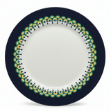 Alt text: "Elegant decorative plate with navy blue rim and geometric yellow teal ornamental border on white background"


