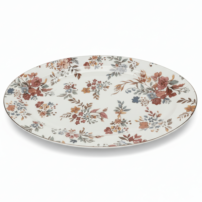 Alt text: "Elegant oval serving platter with vintage floral pattern in burgundy, coral, and sage green with gold rim on white background"

