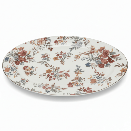 Alt text: "Elegant oval serving platter with vintage floral pattern in burgundy, coral, and sage green with gold rim on white background"

