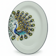 "Elegant oval serving platter with intricate peacock design featuring blue, green, and gold feather motifs on white porcelain with blue rim"