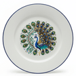 "Elegant white decorative plate with intricate peacock design in blue, green and gold - premium tableware"