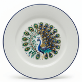"Elegant white decorative plate with intricate peacock design in blue, green and gold - premium tableware"