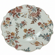 "Hand-painted floral ceramic plate with scalloped gold rim featuring rust, coral, and sage botanical pattern on cream base"
