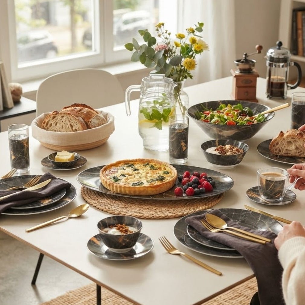Luminarc Ruggi 46-Piece Tempered Glass Dinner Set – Black Marble Design - Al Kabayel Discount CentreLuminarc Ruggi 46-Piece Tempered Glass Dinner Set – Black Marble DesignDinnerware SetsLUMINARCAl Kabayel Discount Centre