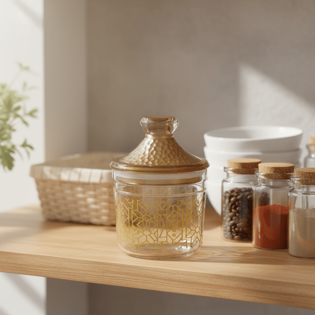 Luxehohe Premium Round Airtight Acrylic Storage Canister – Transparent Body with Elegant Golden Decorative Design, 500 ml - Al Kabayel Discount CentreLuxehohe Premium Round Airtight Acrylic Storage Canister – Transparent Body with Elegant Golden Decorative Design, 500 mlJars & Food SaversLUXEHOMEAl Kabayel Discount Centre