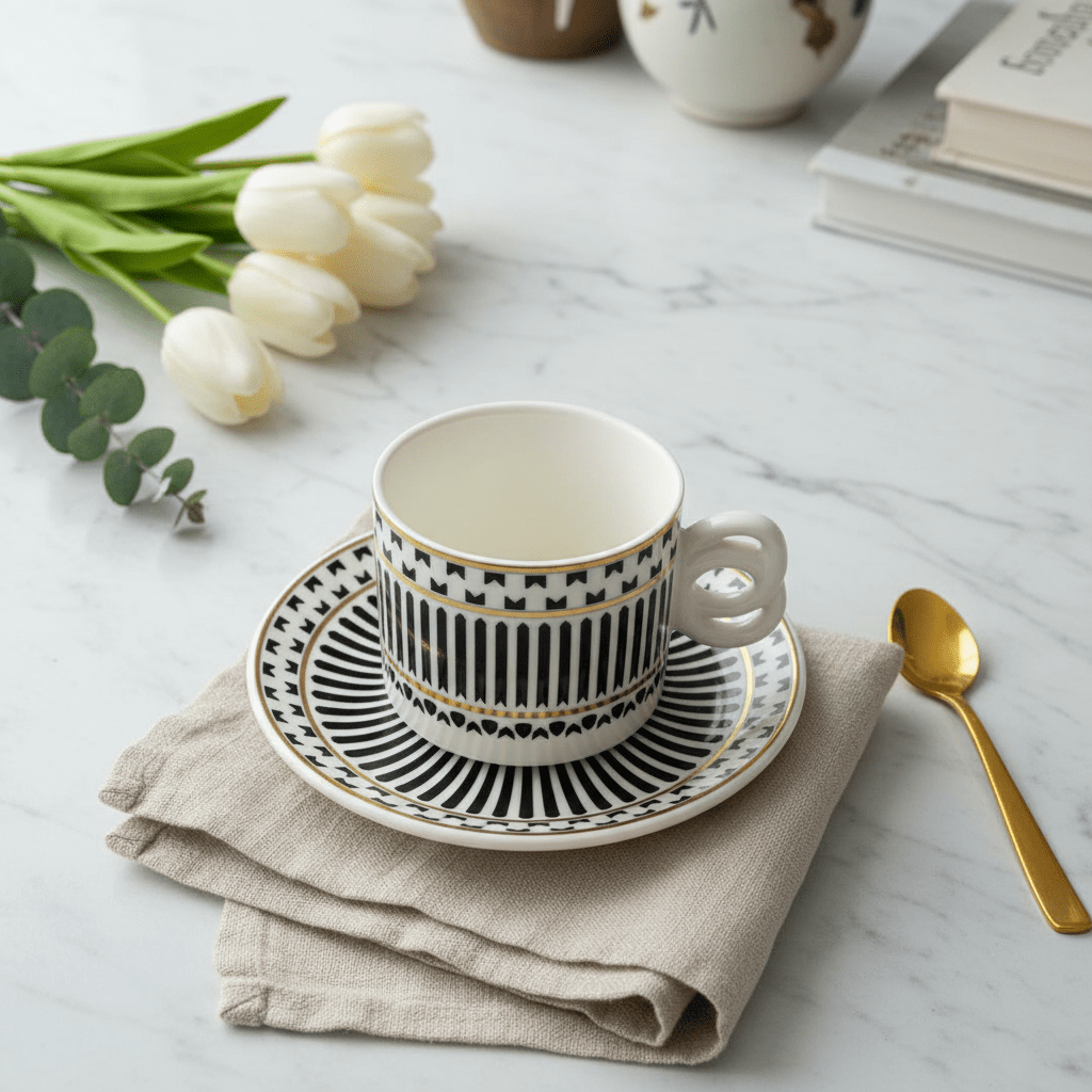 Luxehome Classic Duo Ceramic Cup & Saucer Set – Stylish White & Black Pattern Tea & Coffee Cup Set for Home, Office & Gifting – 160 ml - Al Kabayel Discount CentreLuxehome Classic Duo Ceramic Cup & Saucer Set – Stylish White & Black Pattern Tea & Coffee Cup Set for Home, Office & Gifting – 160 mlMugsLuxehomeAl Kabayel Discount Centre