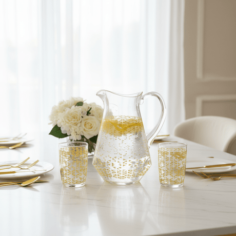 Luxehome Luxury Clear Acrylic Jug with Gold Triangle Confetti Decorative Print – 22 cm - Al Kabayel Discount CentreLuxehome Luxury Clear Acrylic Jug with Gold Triangle Confetti Decorative Print – 22 cmJugsLUXEHOMEAl Kabayel Discount Centre