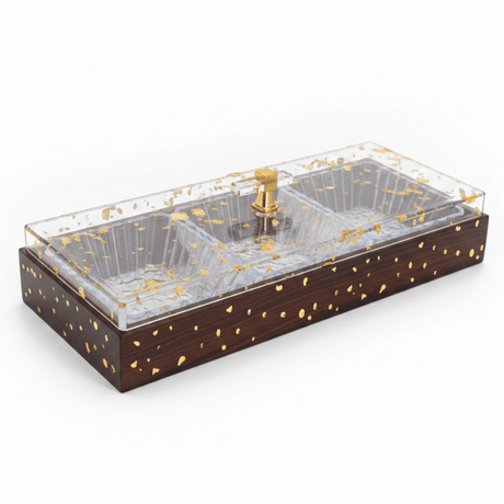 Luxury 3 - Piece Acrylic Candy Serving Bowl | Gold Leaf Resin Lid | Dark Mahogany Wooden Tray | 36×13 cm - Al Kabayel Discount CentreLuxury 3 - Piece Acrylic Candy Serving Bowl | Gold Leaf Resin Lid | Dark Mahogany Wooden Tray | 36×13 cmJars & Food SaversAKDCAl Kabayel Discount Centre