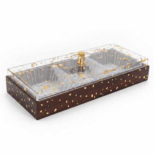 Luxury 3 - Piece Acrylic Candy Serving Bowl | Gold Leaf Resin Lid | Dark Mahogany Wooden Tray | 36×13 cm - Al Kabayel Discount CentreLuxury 3 - Piece Acrylic Candy Serving Bowl | Gold Leaf Resin Lid | Dark Mahogany Wooden Tray | 36×13 cmJars & Food SaversAKDCAl Kabayel Discount Centre