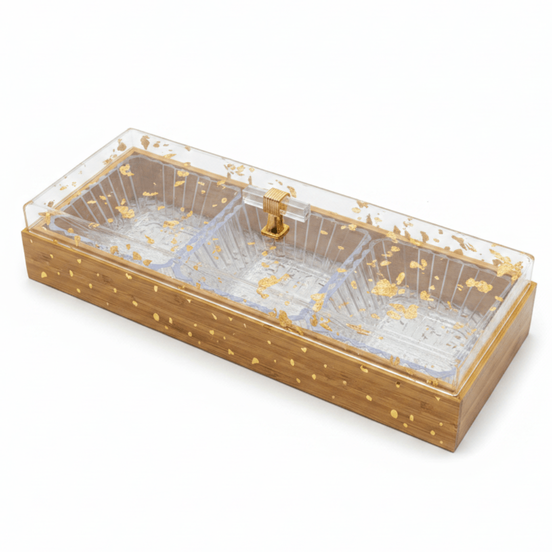 Luxury 3 - Piece Acrylic Crystal Candy Bowl Set | Rectangular Honey Brown Wooden Tray with Gold Flake Acrylic Lid | 36×13 cm - Al Kabayel Discount CentreLuxury 3 - Piece Acrylic Crystal Candy Bowl Set | Rectangular Honey Brown Wooden Tray with Gold Flake Acrylic Lid | 36×13 cmJars & Food SaversAKDCAl Kabayel Discount Centre