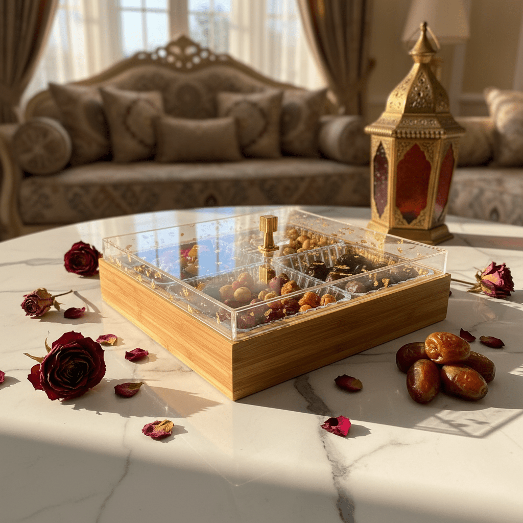 Luxury 4 - Piece Crystal Acrylic Candy Bowl Set with Gold Flake Lid & Square Wooden Tray | 24×24cm - Al Kabayel Discount CentreLuxury 4 - Piece Crystal Acrylic Candy Bowl Set with Gold Flake Lid & Square Wooden Tray | 24×24cmJars & Food SaversAKDCAl Kabayel Discount Centre