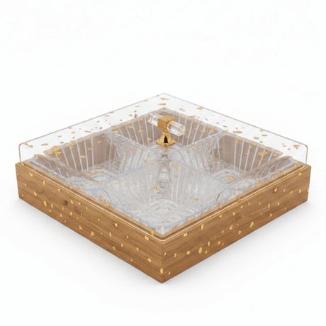 Luxury 4 - Piece Crystal Acrylic Candy Bowl Set with Gold Flake Lid & Square Wooden Tray | 24×24cm - Al Kabayel Discount CentreLuxury 4 - Piece Crystal Acrylic Candy Bowl Set with Gold Flake Lid & Square Wooden Tray | 24×24cmJars & Food SaversAKDCAl Kabayel Discount Centre