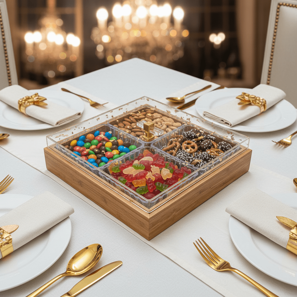 Luxury 4 - Piece Crystal Acrylic Candy Bowl Set with Gold Flake Lid & Square Wooden Tray | 24×24cm - Al Kabayel Discount CentreLuxury 4 - Piece Crystal Acrylic Candy Bowl Set with Gold Flake Lid & Square Wooden Tray | 24×24cmJars & Food SaversAKDCAl Kabayel Discount Centre