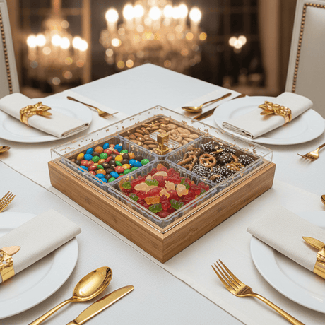 Luxury 4 - Piece Crystal Acrylic Candy Bowl Set with Gold Flake Lid & Square Wooden Tray | 24×24cm - Al Kabayel Discount CentreLuxury 4 - Piece Crystal Acrylic Candy Bowl Set with Gold Flake Lid & Square Wooden Tray | 24×24cmJars & Food SaversAKDCAl Kabayel Discount Centre
