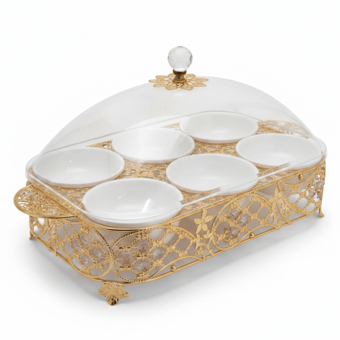 Luxury 6 - Section White Ceramic Candy Serving Bowl with Premium Gold Metal Holder & Decorative Lid for Chocolates Nuts Dates and Dry Fruits – Elegant Majlis Table Display Tray 40×27 cm - Al Kabayel Discount CentreLuxury 6 - Section White Ceramic Candy Serving Bowl with Premium Gold Metal Holder & Decorative Lid for Chocolates Nuts Dates and Dry Fruits – Elegant Majlis Table Display Tray 40×27 cmJars & Food SaversAKDCAl Kabayel Discount Centre