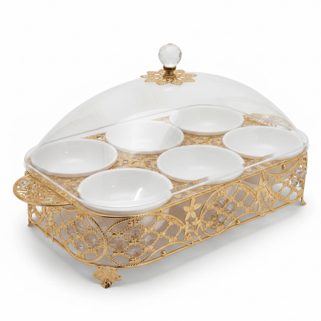 Luxury 6 - Section White Ceramic Candy Serving Bowl with Premium Gold Metal Holder & Decorative Lid for Chocolates Nuts Dates and Dry Fruits – Elegant Majlis Table Display Tray 40×27 cm - Al Kabayel Discount CentreLuxury 6 - Section White Ceramic Candy Serving Bowl with Premium Gold Metal Holder & Decorative Lid for Chocolates Nuts Dates and Dry Fruits – Elegant Majlis Table Display Tray 40×27 cmJars & Food SaversAKDCAl Kabayel Discount Centre