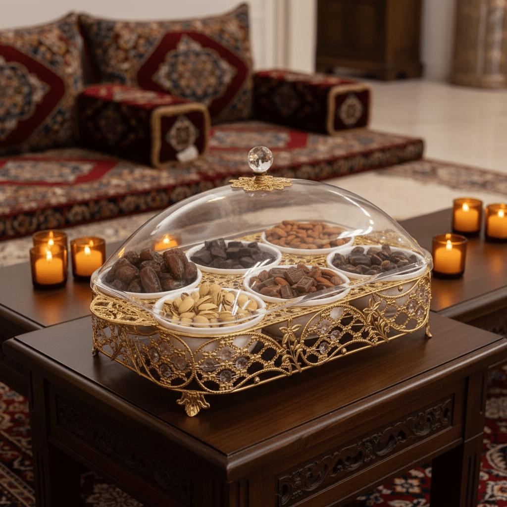 Luxury 6 - Section White Ceramic Candy Serving Bowl with Premium Gold Metal Holder & Decorative Lid for Chocolates Nuts Dates and Dry Fruits – Elegant Majlis Table Display Tray 40×27 cm - Al Kabayel Discount CentreLuxury 6 - Section White Ceramic Candy Serving Bowl with Premium Gold Metal Holder & Decorative Lid for Chocolates Nuts Dates and Dry Fruits – Elegant Majlis Table Display Tray 40×27 cmJars & Food SaversAKDCAl Kabayel Discount Centre
