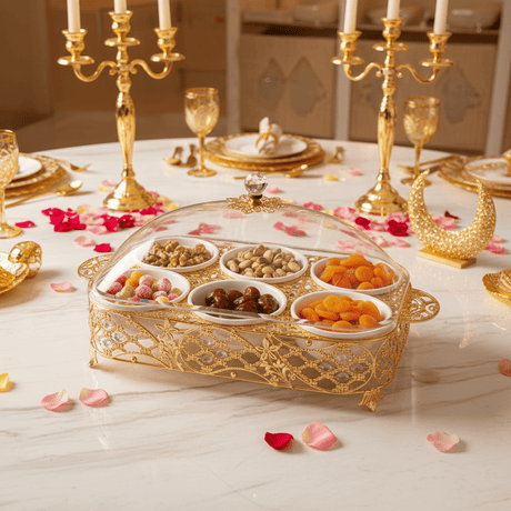 Luxury 6 - Section White Ceramic Candy Serving Bowl with Premium Gold Metal Holder & Decorative Lid for Chocolates Nuts Dates and Dry Fruits – Elegant Majlis Table Display Tray 40×27 cm - Al Kabayel Discount CentreLuxury 6 - Section White Ceramic Candy Serving Bowl with Premium Gold Metal Holder & Decorative Lid for Chocolates Nuts Dates and Dry Fruits – Elegant Majlis Table Display Tray 40×27 cmJars & Food SaversAKDCAl Kabayel Discount Centre