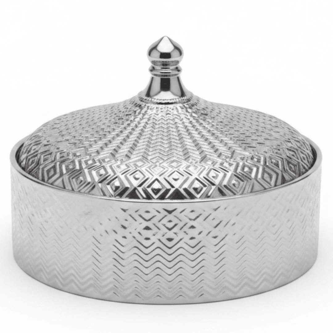 Luxury Ceramic Candy Bowl with Lid | Embossed Geometric Design | 23×7.5 cm | Gold & White,Silver & White | - Al Kabayel Discount CentreLuxury Ceramic Candy Bowl with Lid | Embossed Geometric Design | 23×7.5 cm | Gold & White,Silver & White |Jars & Food SaversAKDCAl Kabayel Discount Centre