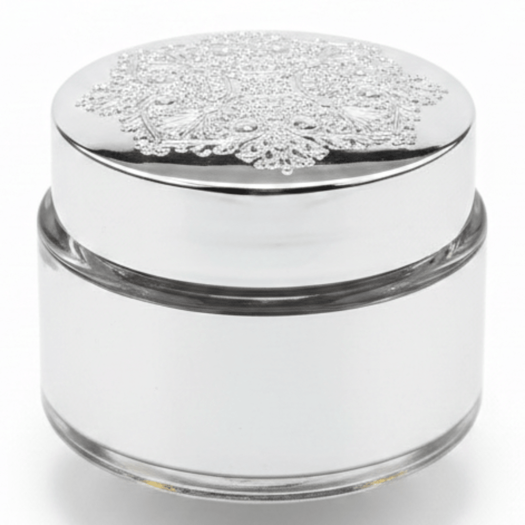 Luxury Embossed Glass & Plastic Jar — 8×6cm - Gold / Silver / Brown - Al Kabayel Discount CentreLuxury Embossed Glass & Plastic Jar — 8×6cm - Gold / Silver / BrownJars & Food SaversAKDCAl Kabayel Discount Centre