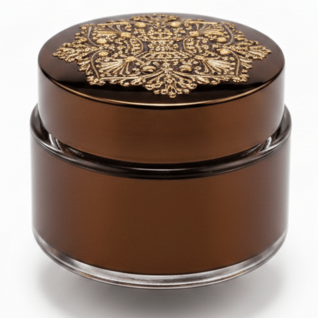 Luxury Embossed Glass & Plastic Jar — 8×6cm - Gold / Silver / Brown - Al Kabayel Discount CentreLuxury Embossed Glass & Plastic Jar — 8×6cm - Gold / Silver / BrownJars & Food SaversAKDCAl Kabayel Discount Centre