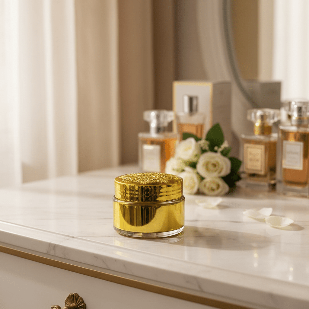 Luxury Embossed Glass & Plastic Jar — 8×6cm - Gold / Silver / Brown - Al Kabayel Discount CentreLuxury Embossed Glass & Plastic Jar — 8×6cm - Gold / Silver / BrownJars & Food SaversAKDCAl Kabayel Discount Centre