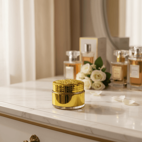 Luxury Embossed Glass & Plastic Jar — 8×6cm - Gold / Silver / Brown - Al Kabayel Discount CentreLuxury Embossed Glass & Plastic Jar — 8×6cm - Gold / Silver / BrownJars & Food SaversAKDCAl Kabayel Discount Centre